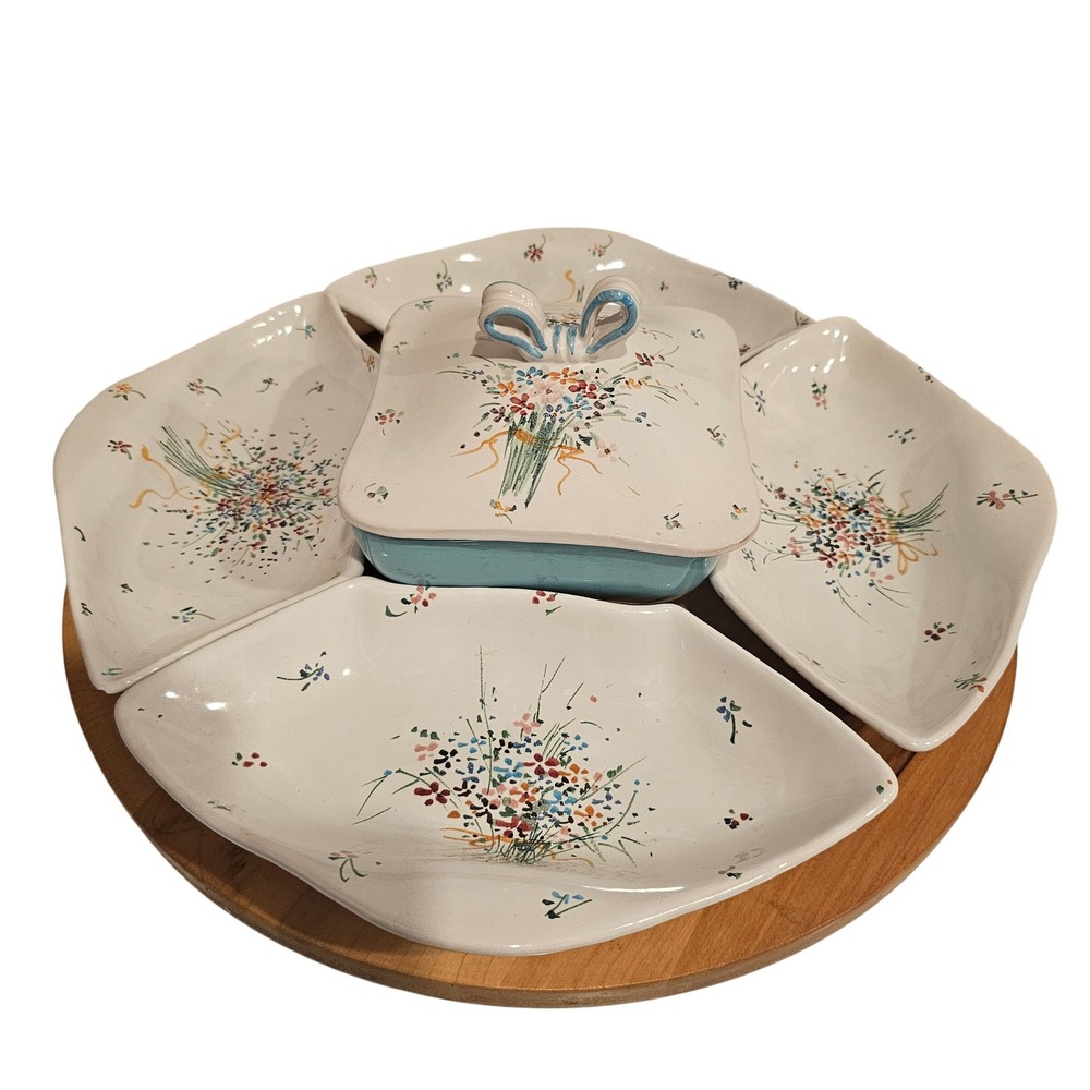 Vintage Italy Hand Painted Ceramic Floral Chip and Dip Set with Lazy Susan Base